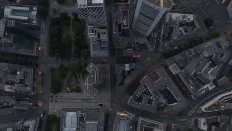 AERIAL:-Incredible-Overhead-Top-Down-Shot-of-Frankfurt-am-Main,-Germany-City-Center-Skyline-with-little-Traffic-Streets-due-to-Coronavirus-Covid-19-Pandemic