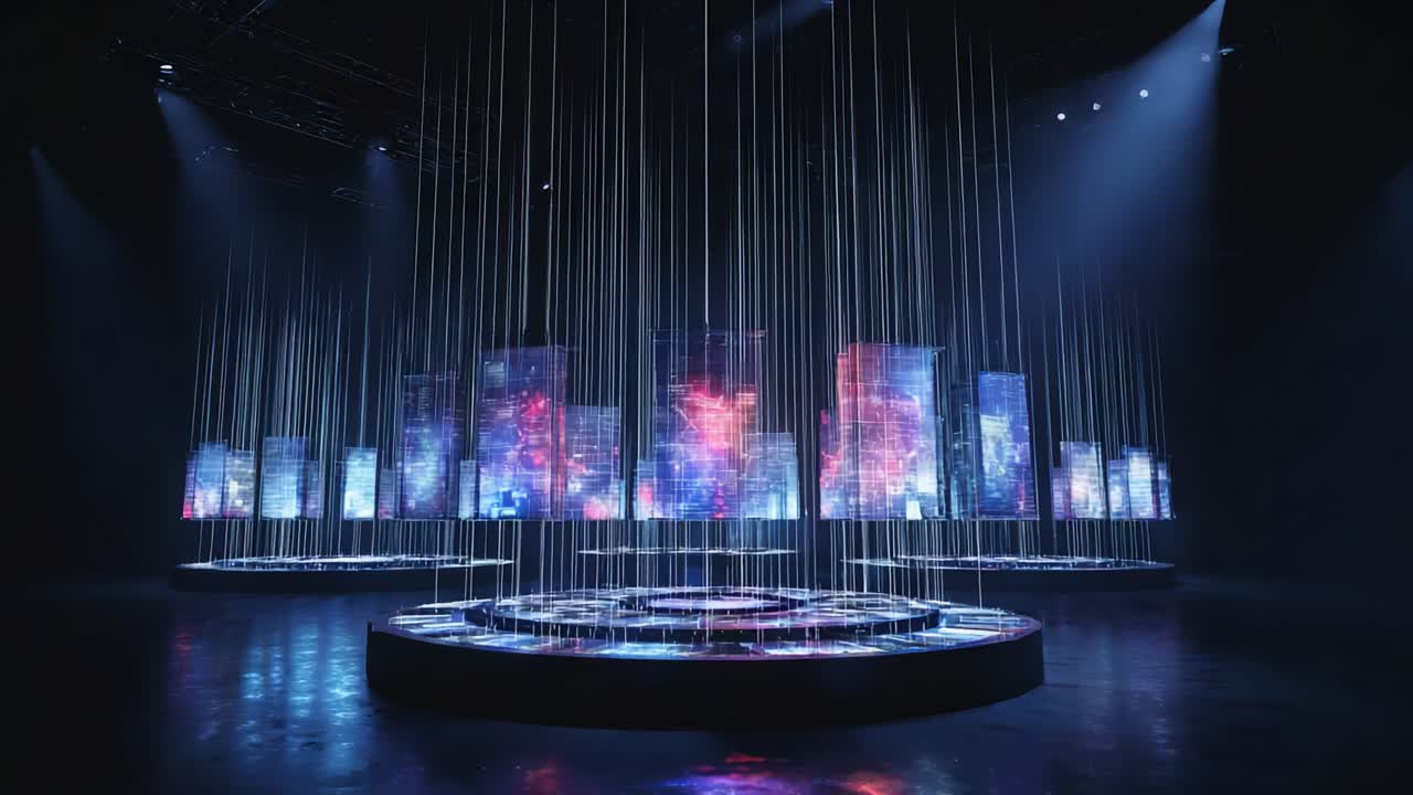 En fængslende fremvisning af belyste strukturer i et stemningsfuldt miljø, der fremhæver teknologi, kunst og farverige visuelle elementer med en futuristisk og gådefuld atmosfære