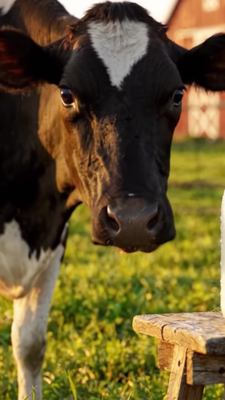 Primer plano de una vaca curiosa mirando leche fresca en un taburete de madera en un entorno de granja pastoral con un granero al fondo durante la hora dorada