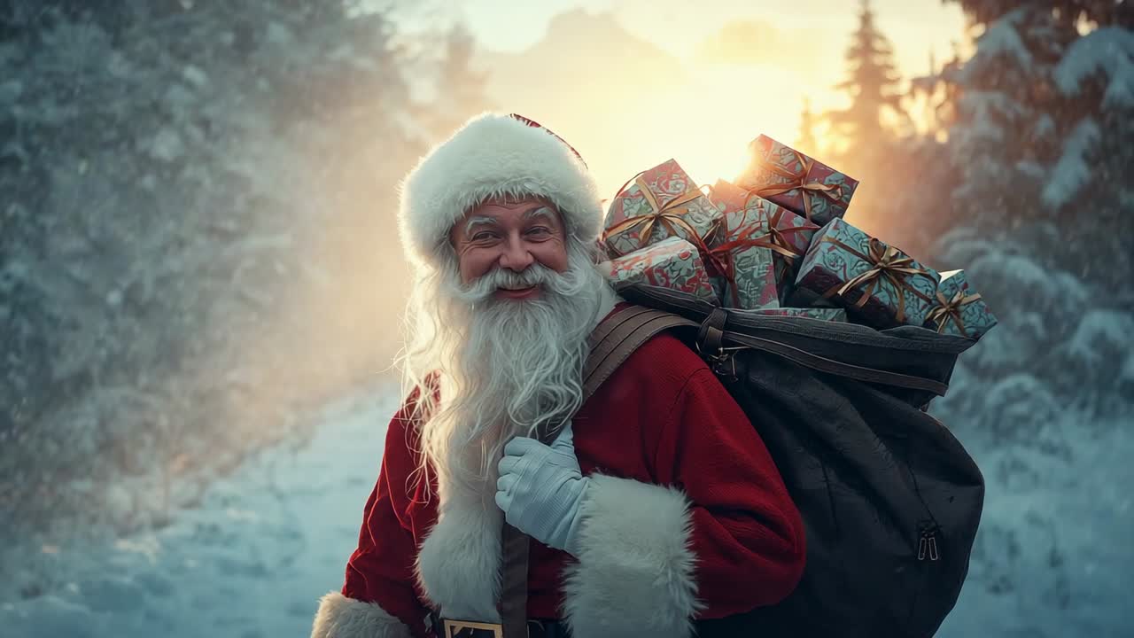 Babbo Natale con cappotto rosso che cammina con un sacco di aree di lavoro in una foresta innevata, con un'alba che infonde ispirazione