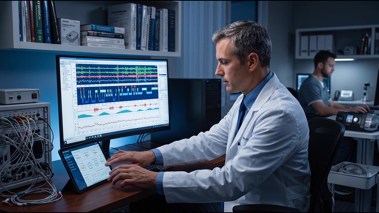 Clinical specialist monitoring patient health data across multiple computer screens with advanced medical equipment nearby