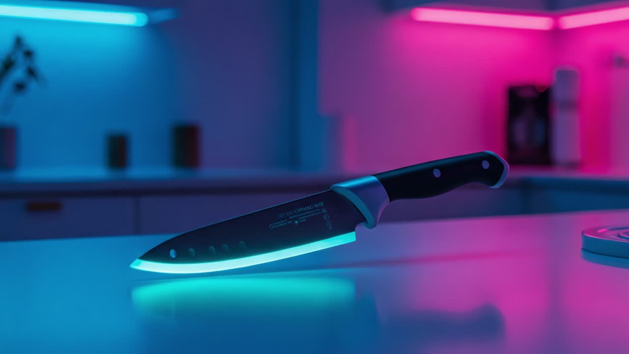 A Stunning Close-Up of a Kitchen Knife Bathed in Illuminating Neon Glows, Showcasing Its Sharp Blade and Sleek Design in an Artistic Culinary Setting