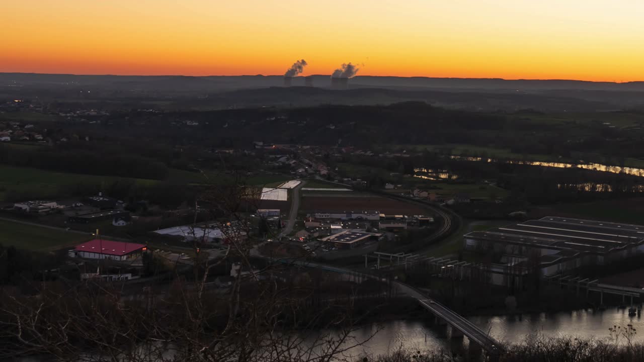 Cattenom Atomkraftværk Frankrig timelapse solnedgang Mosel-floden landskab