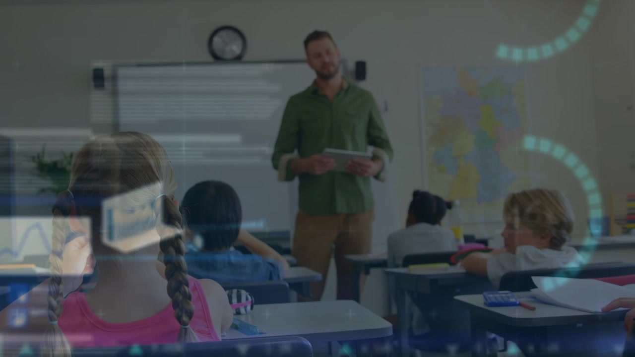 Animazione di elaborazione dati su studenti di diverse etnie che imparano con un insegnante