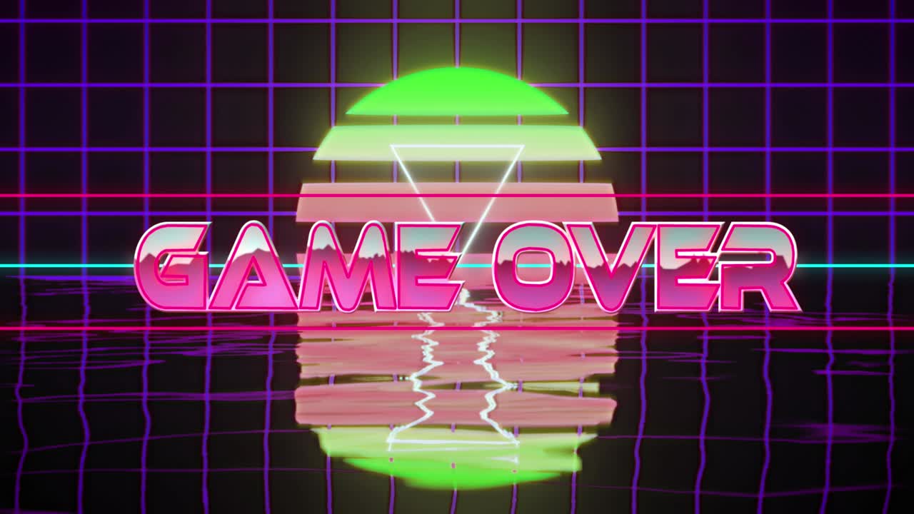 보라색 그리드와 디지털 해가 지는 텍스트 위의 게임의 애니메이션