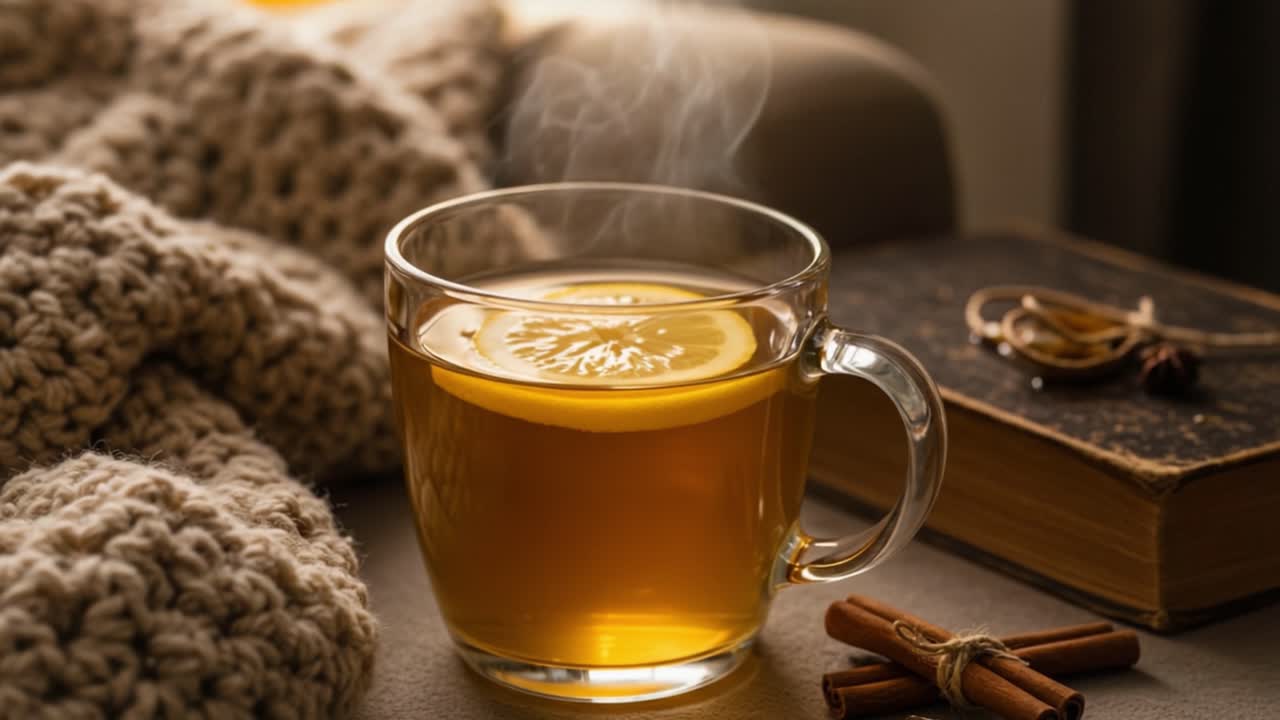 A Cozy Moment: Warm Herbal Tea with Lemon and Cinnamon, Perfect for Winter Relaxation and Comforting Home Ambiance