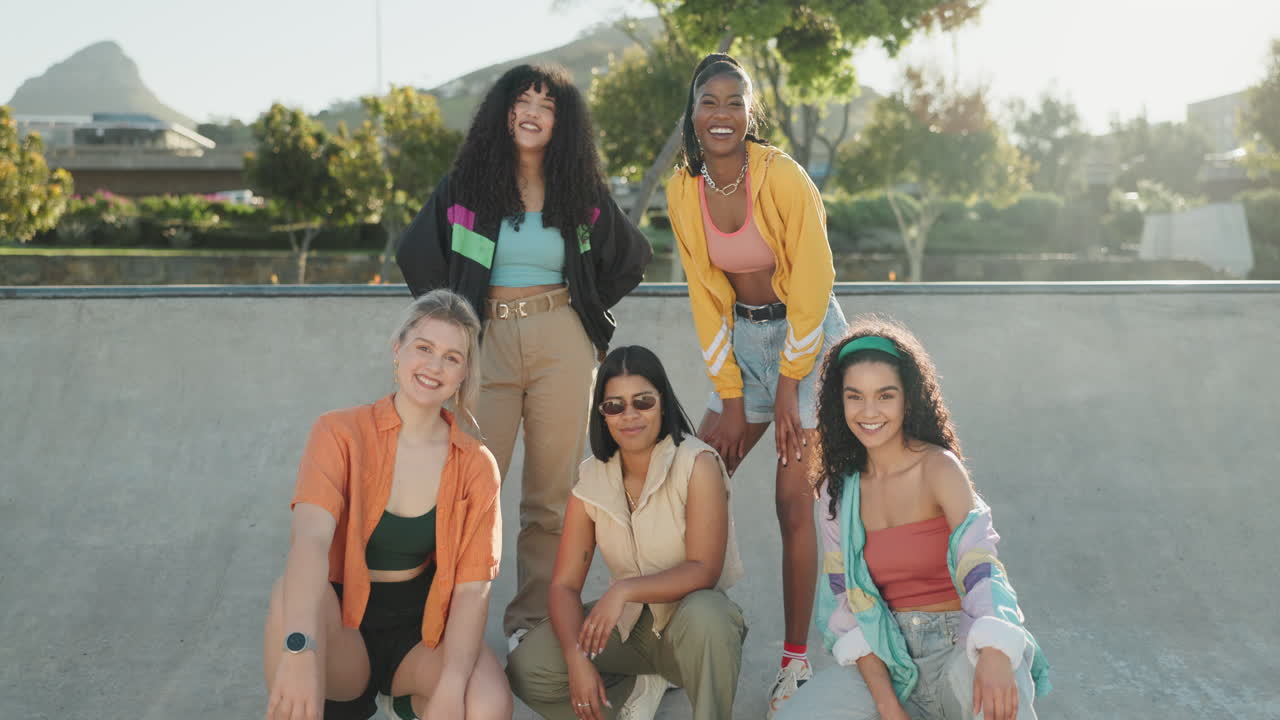 amigos, moda y rostro de mujeres en el parque