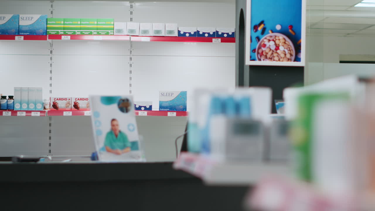 Pharmacy shelves with medications and health products