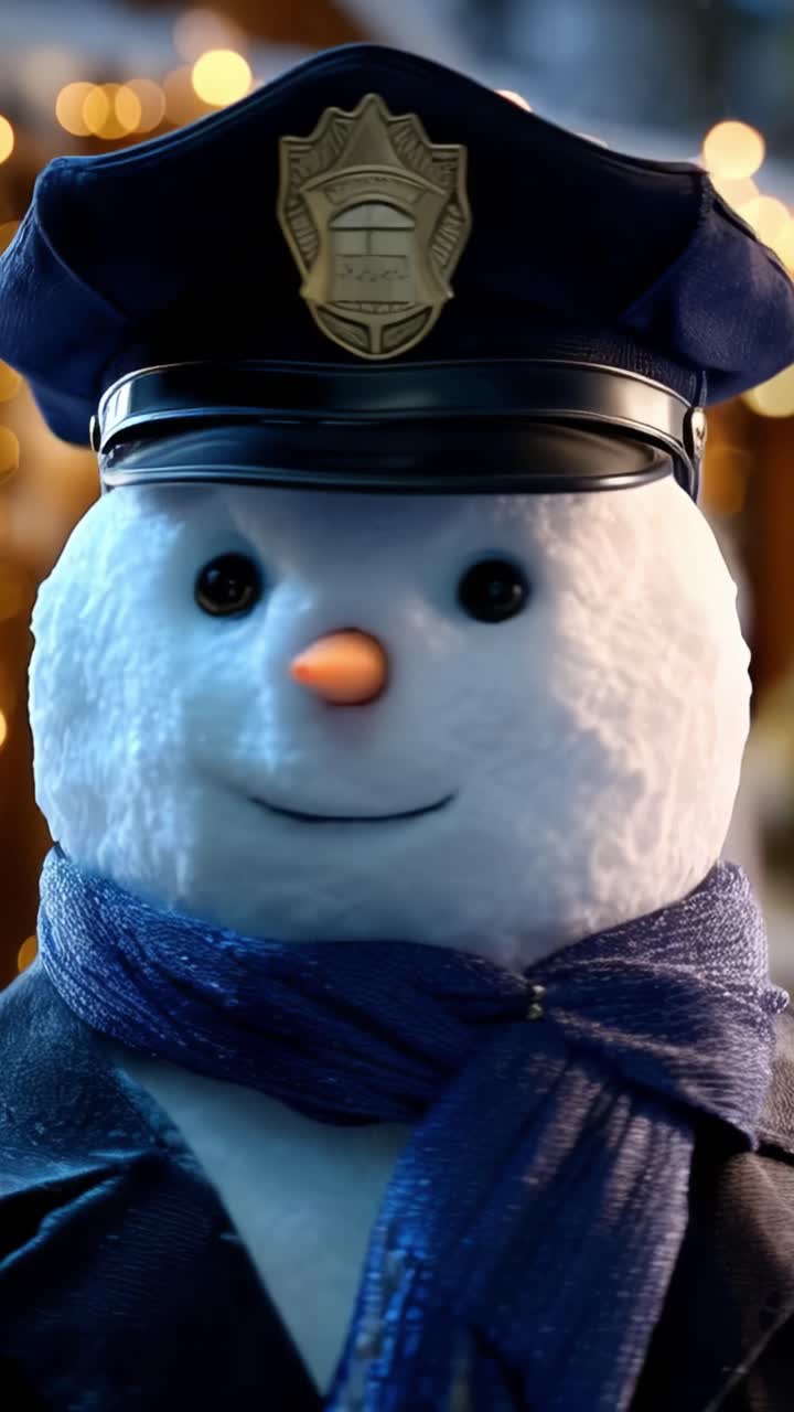 A cheerful snowman dressed as a police officer, adorned with a blue scarf and cap, brings holiday spirit and joy to a festive winter scene with twinkling lights