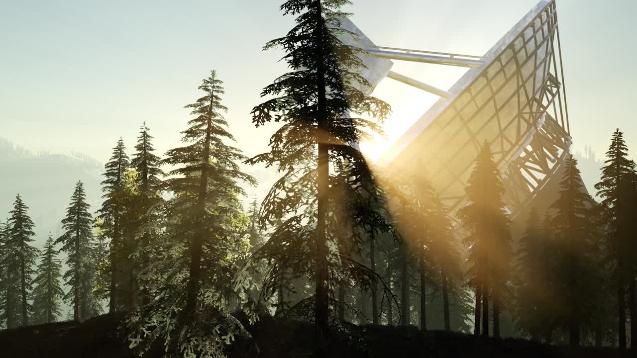해가 지는 날 숲 속 에 있는 천문대 라디오 망원경