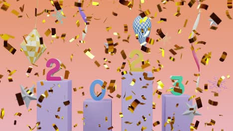 animation of confetti falling over 2023 text and decorations on orange background