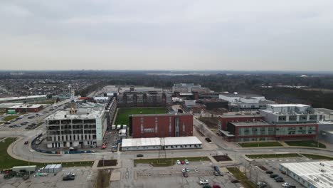 aerial shot of industrial buildings in oshawa on an overcast day