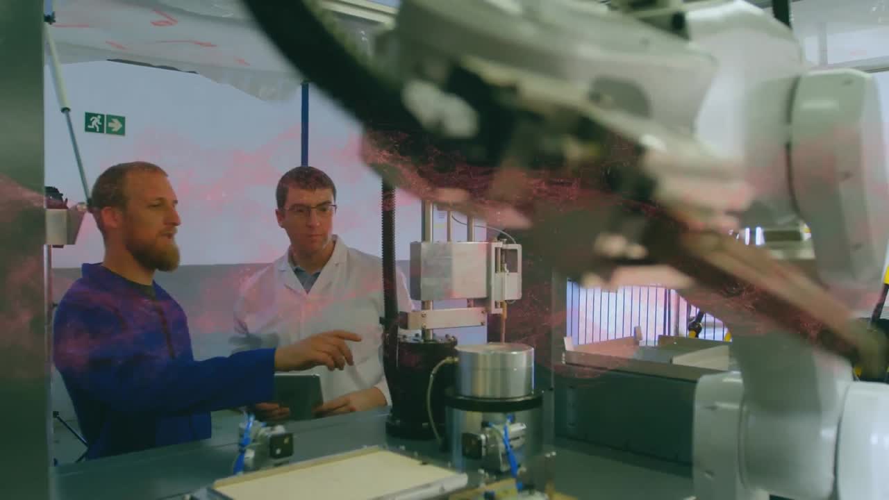 Animation of dna strand spinning over male scientists with robot and tablet