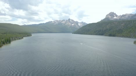 aerial drone shot of sawtooth mountain at redfish lake in stanley idaho