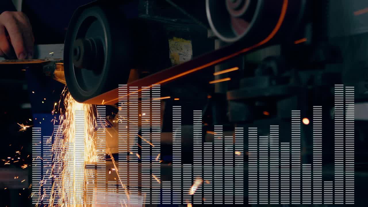 Metal contacting spinning grinder, operator adjusting angle for shaping, sparks and EQ pulsing