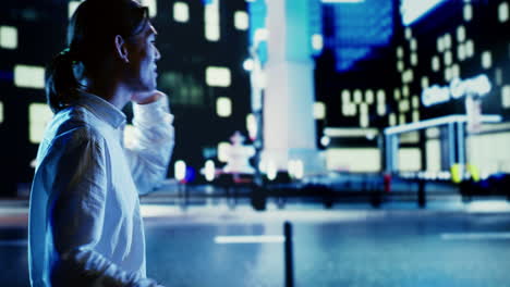 el hombre en el teléfono camina por la noche en la ciudad