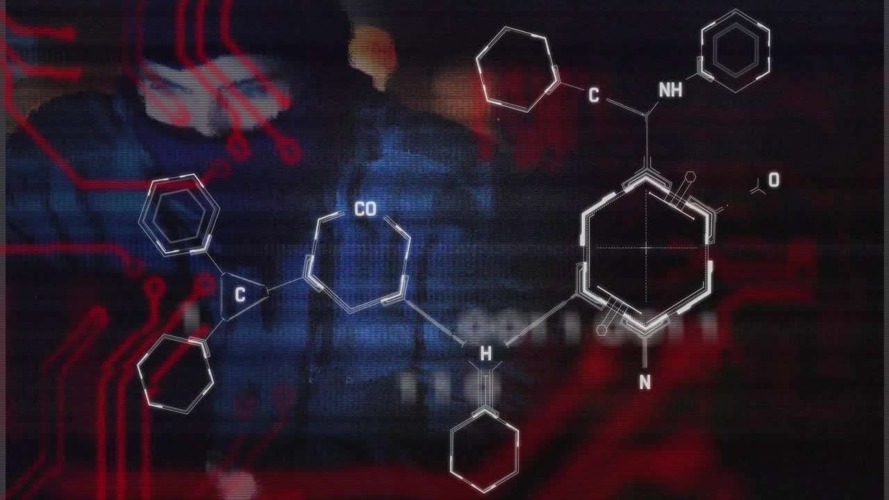 Chemical structures and molecular formulas animation over blurred background with red circuitry