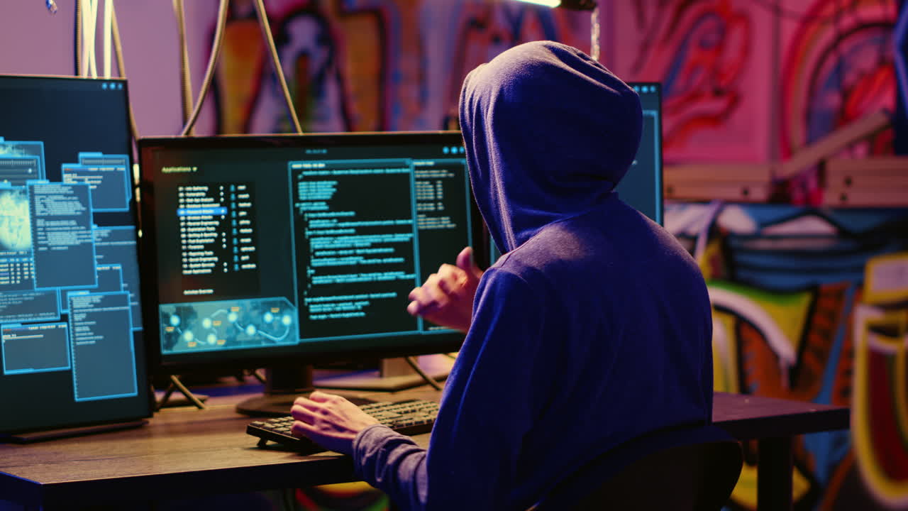 Hacker in graffiti painted hideaway