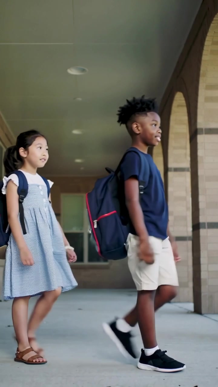 Vertical video: Walking kids in navy T, plaid dress at school carrying red-trim backpacks to class