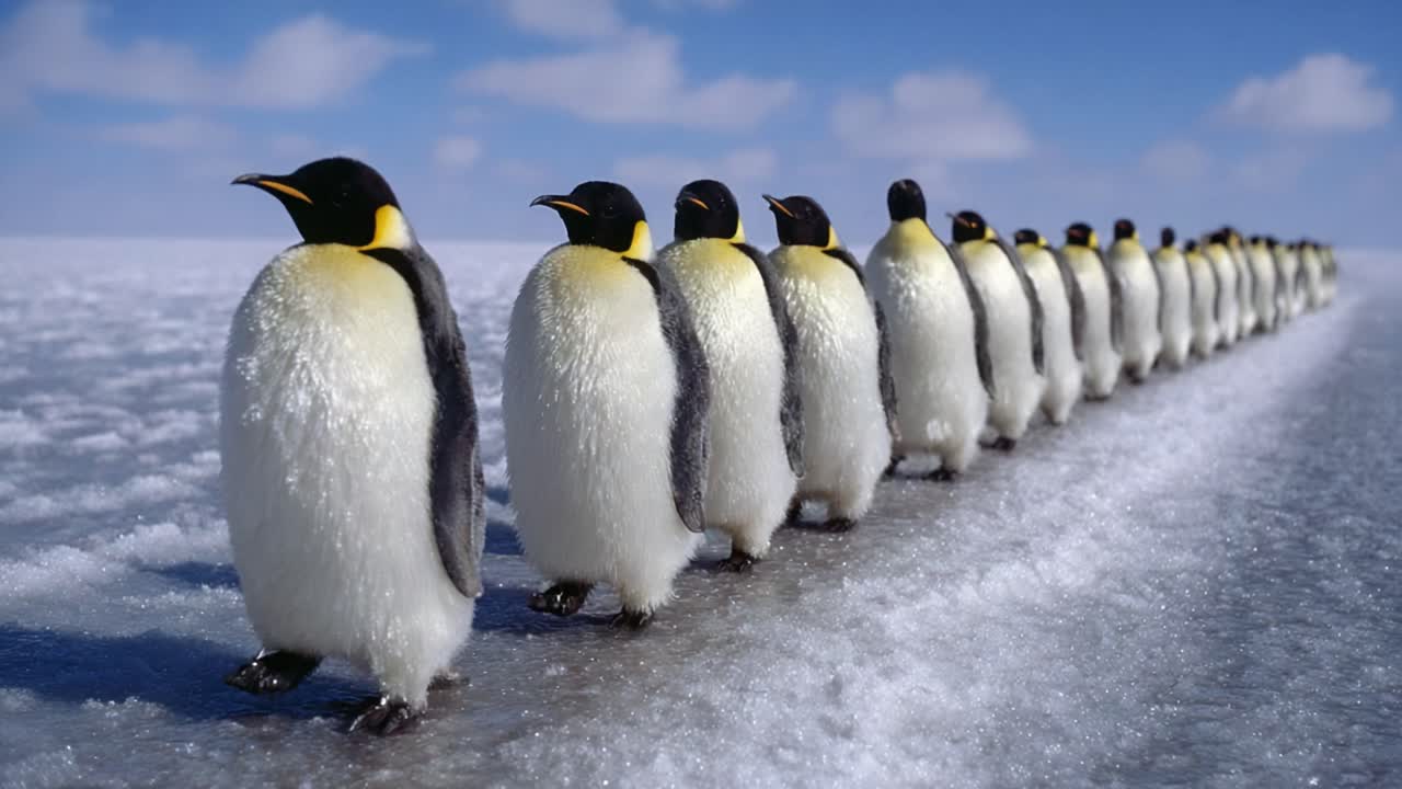 A captivating parade of emperor penguins marching in a straight line across the icy expanse, showcasing their distinctive black and white plumage against a stunning blue sky
