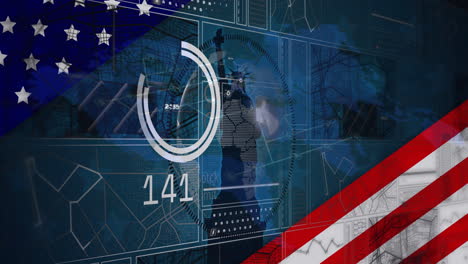 digital world map and data processing animation over american flag elements