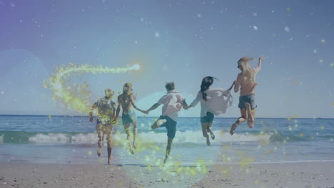 jumping on beach with sparkling light effects, group creating lively animation