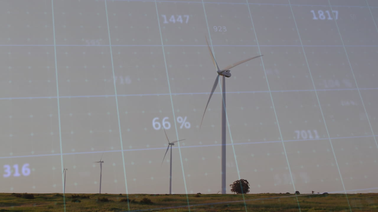Wind turbines in flat design rotating on grassy plain, displaying digital grid overlay with data
