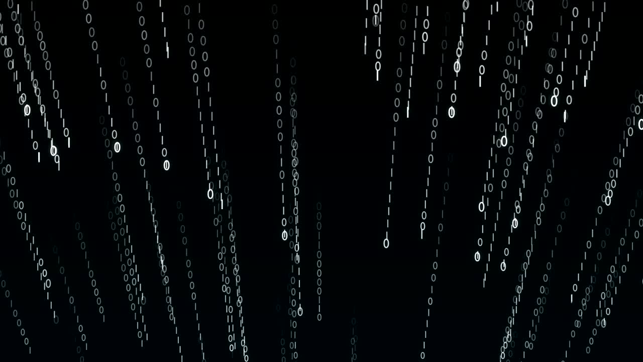 Strings of 0 and 1 fall from top to bottom in data matrix created in cyberspace.