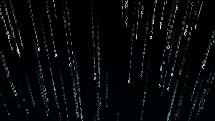 Strings of 0 and 1 fall from top to bottom in data matrix created in cyberspace.