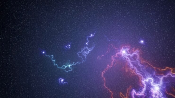 Vista aerea di vivaci motivi elettrici di fulmini in un ambiente cosmico