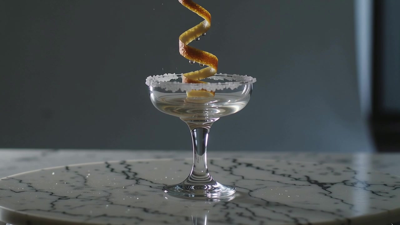 Scorza di agrumi a spirale che scende in una coppa bordata di sale su un tavolo di marmo, guarnendo il cocktail