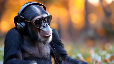 un chimpancé con gafas de sol y auriculares sentado en el césped