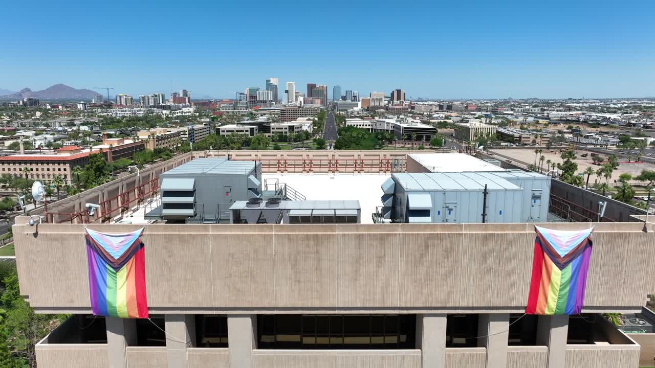 Transgender and LGBTQ flags on state capitol building of Arizona