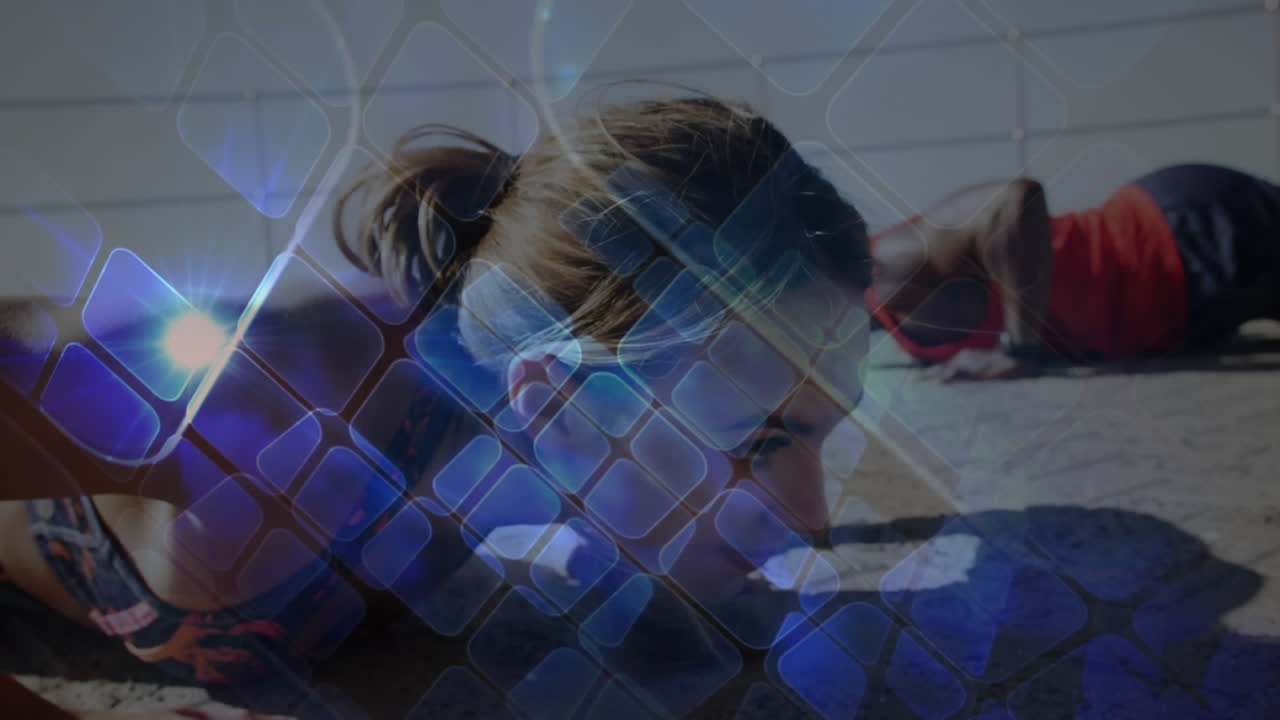 디지털 인터페이스의 애니메이션 커플이 야외에서 푸시업을 하고 있습니다.