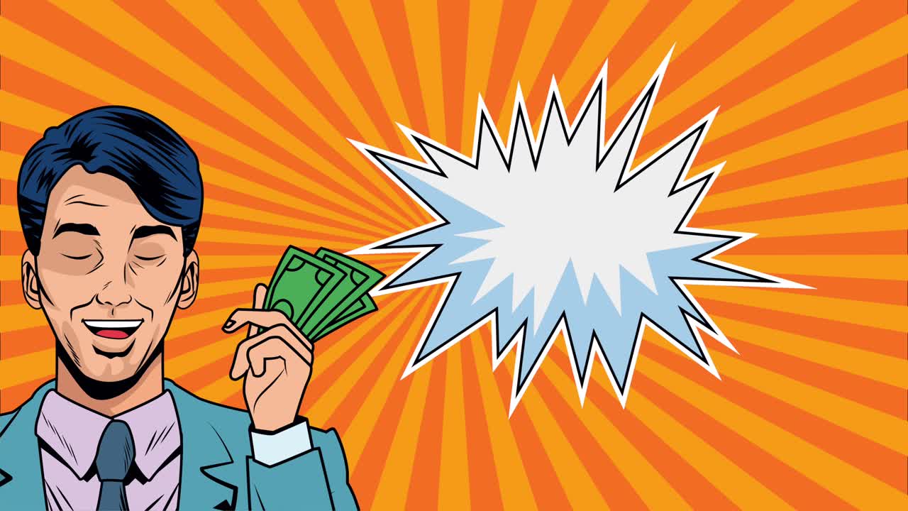 uomo d'affari con banconote dollari e discorso bolla pop art animazione