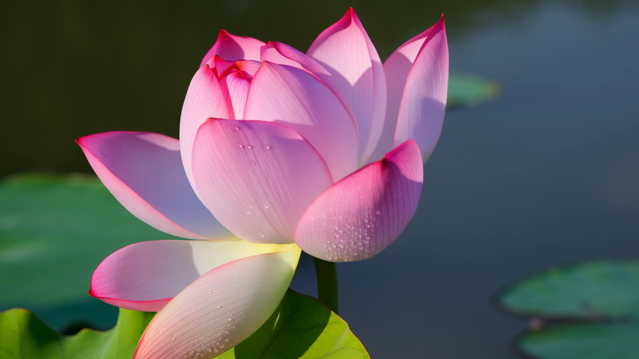 Close-up de flor de lótus rosa em lagoa, luz solar matinal realçando pétalas cobertas de orvalho e folhas de nenúfar verdes, calma.