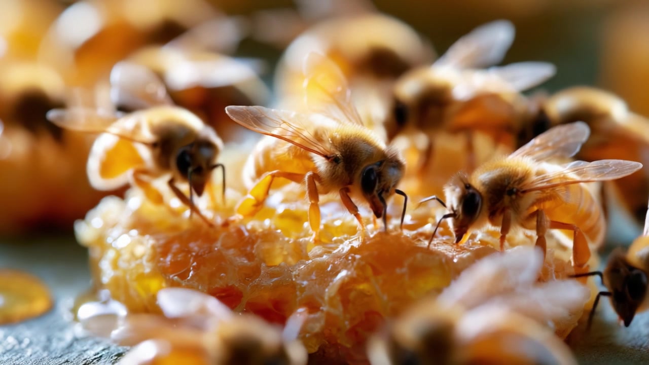 Een close-up van honingbijen die nectar verzamelen uit gouden honingraat: De ingewikkelde dans van de bestuivers van de natuur