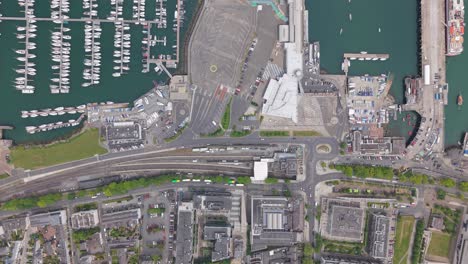 top view of dún laoghaire suburban coastal town in county dublin, ireland. aerial drone shot