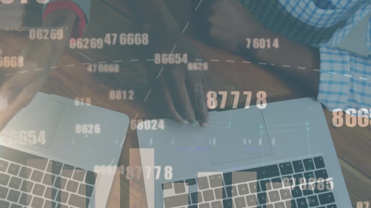 Animation of graph and data processing over hands of diverse colleagues using laptops
