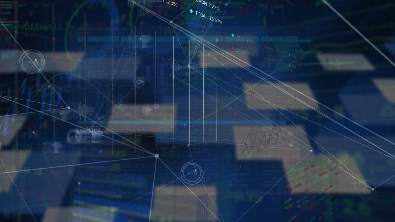 다양한 금융 데이터를 가진 블루 스크린을 통해 연결 네트워크의 애니메이션