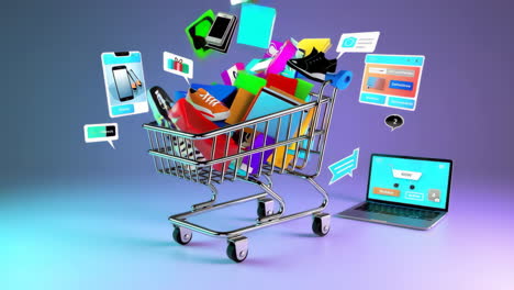 online shopping experience with digital devices and products in a shopping cart
