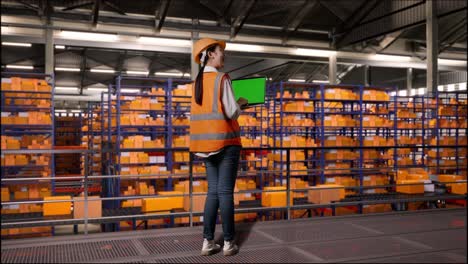 full body back view of asian female engineer with safety helmet standing in the warehouse with shelves full of delivery goods. looking at green screen laptop and looking around the storage