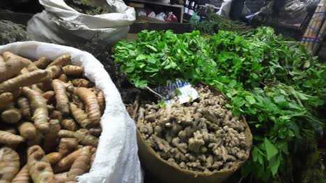 right-to-left pan over a market stall in caracas displaying fresh herbs, ginger, turmeric, and roots.