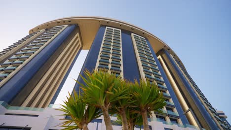 view for a hotel in el alamein, egypt in the evening low angle shot, arc shot