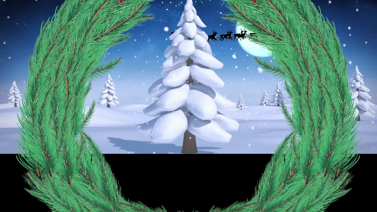 Animation of christmas decorations with santa claus in sleigh with reindeer over winter scenery