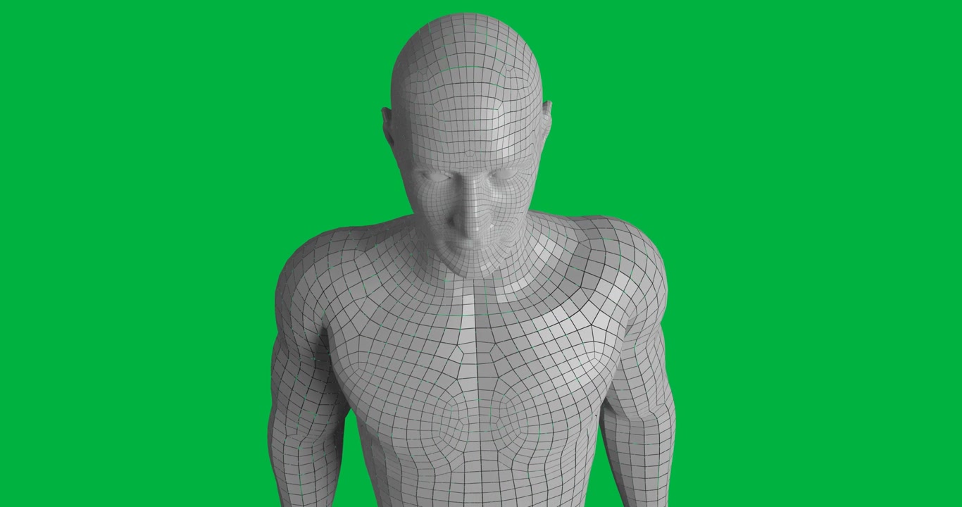 Sorte rammer toner ud, kameraet trækker sig tilbage og afslører en 3D mesh torso-søm på gennemsigtig baggrund til gennemgang.
