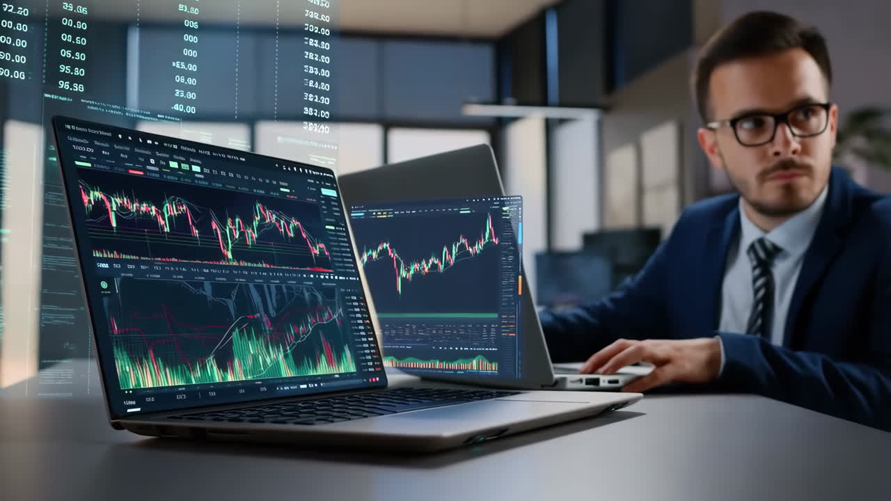 Man Analyzing Financial Data and Stock Market Trends on Laptops