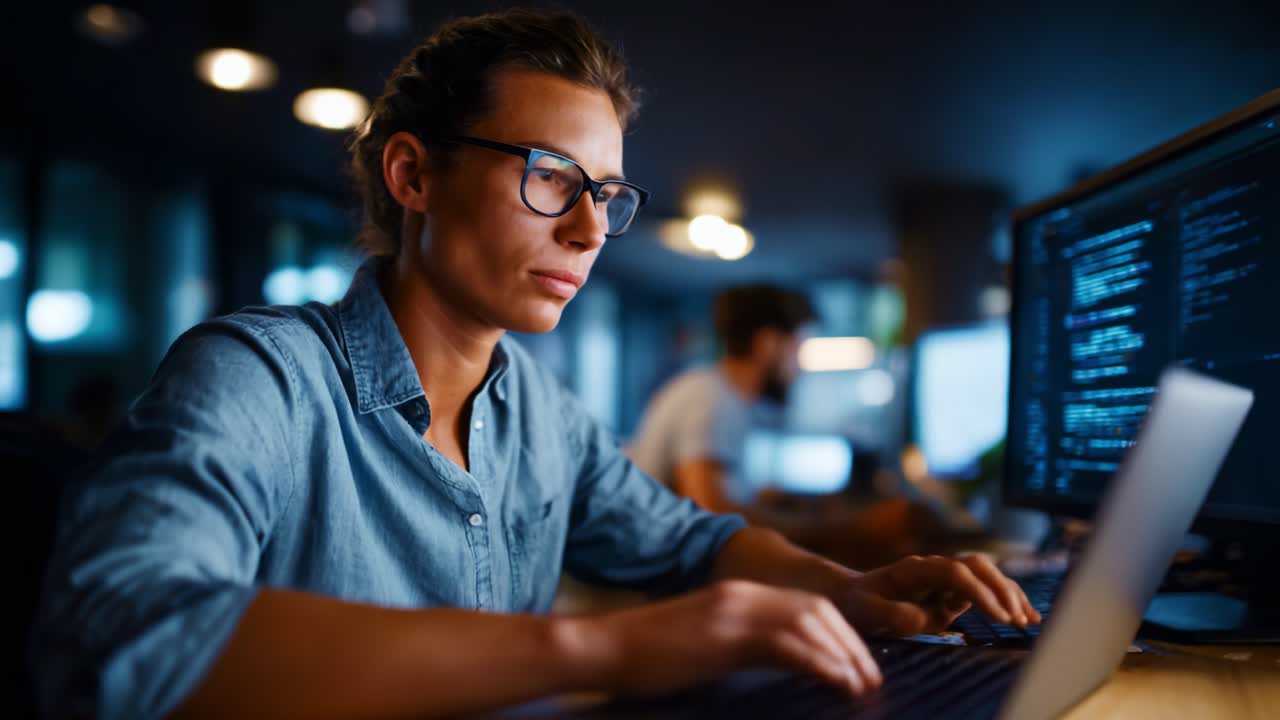 Focused individual working late at night on a laptop in a modern tech workplace, surrounded by glowing monitors and colleagues, deep in concentration and coding