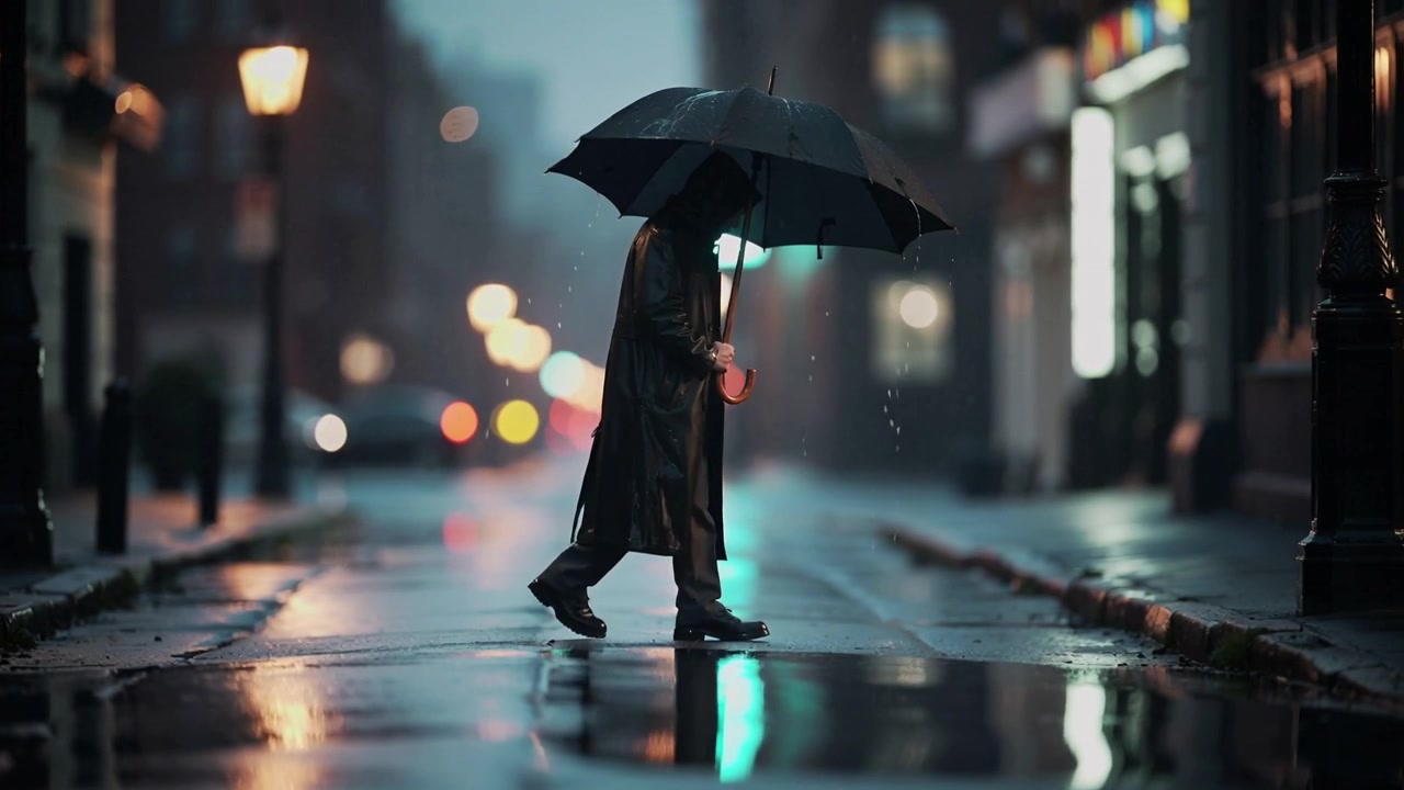 Walking man wearing dark overcoat crossing wet city street at night, holding black umbrella