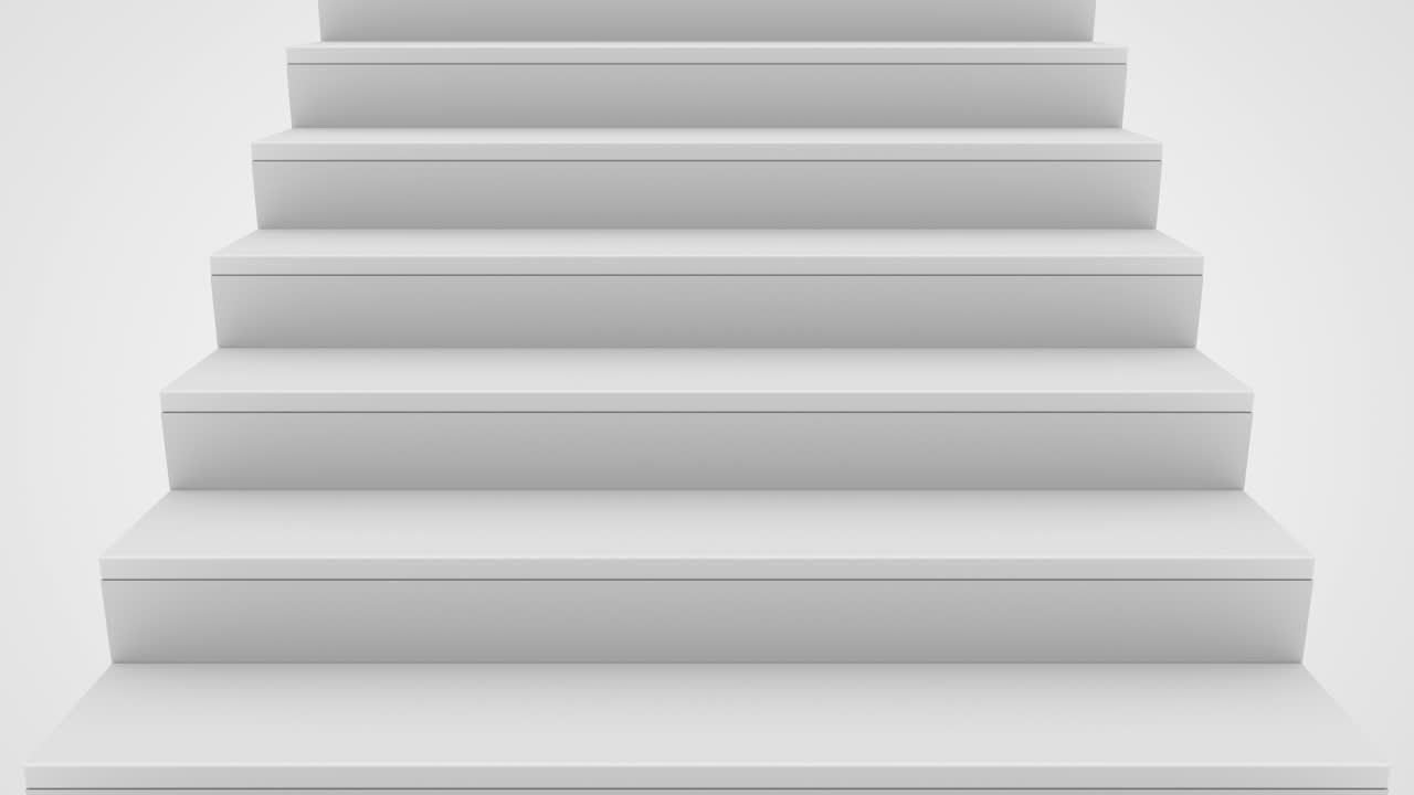 Staircase in white interior. Abstract architecture background. Business growth, progress way and forward achievement concept. Career promotion, personal, business development. 3d animation loop of 4K